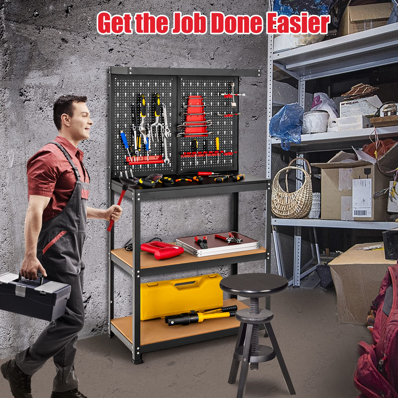 Load image into Gallery viewer, Goplus Workbench with Pegboard, Heavy-Duty Steel Tool Table with 2 Open Shelves, 13 Hanging Accessories Included - GoplusUS
