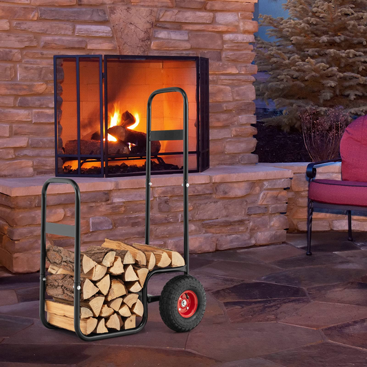 Goplus Firewood Log Cart, Outdoor Indoor Firewood Rack Storage Mover with Wear-Resistant Rubber Wheels - GoplusUS