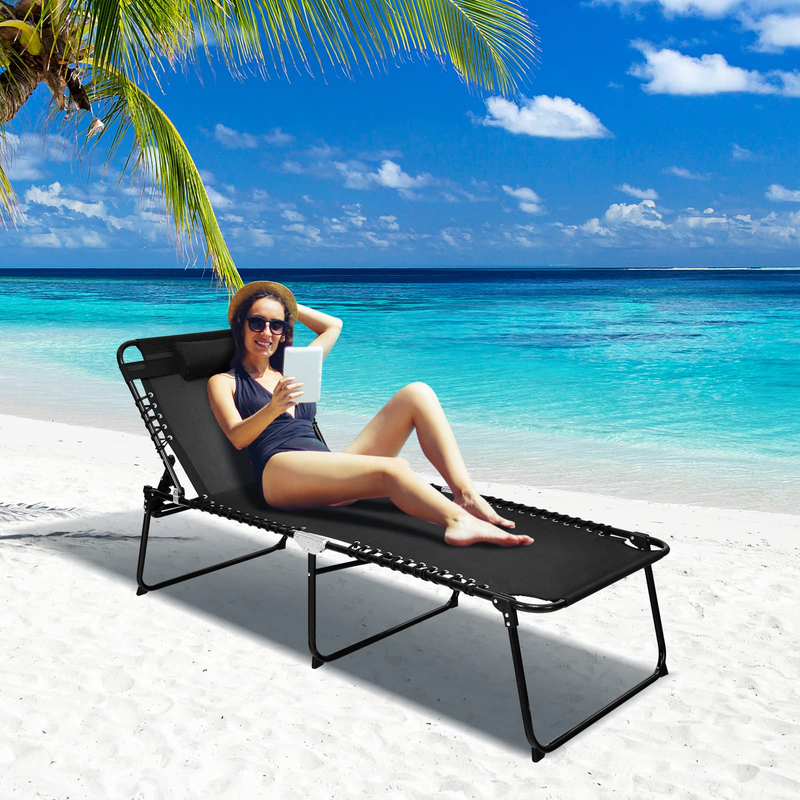 Load image into Gallery viewer, Goplus Beach Lounge Chair, Folding Chaise Lounger with Detachable Pillow &amp; Adjustable 4-Level Backrest &amp; 2-Level Footrest - GoplusUS
