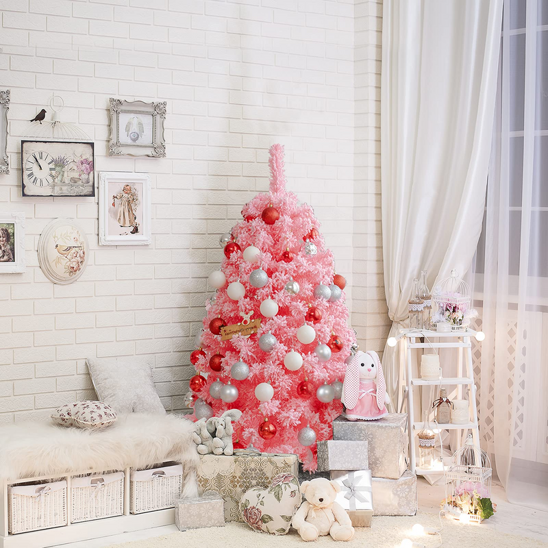 Load image into Gallery viewer, Goplus 4.5ft Pink Artificial Christmas Tree, Unlit Hinged Snow Flocked Xmas Tree w/ 348 PVC Branch Tips &amp; Metal Stand - GoplusUS
