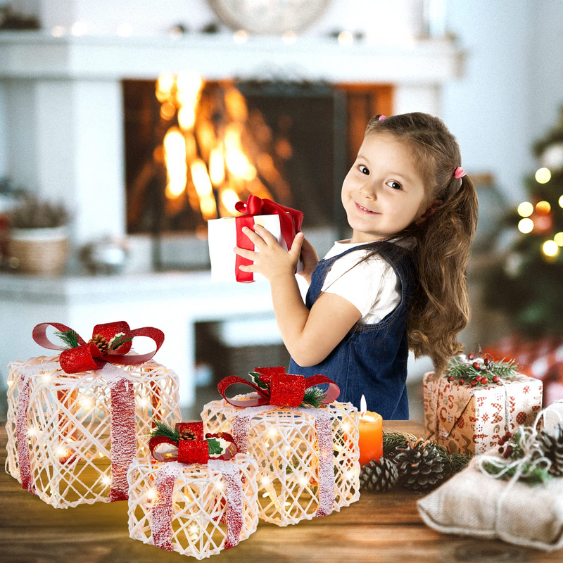 Load image into Gallery viewer, Lighted Gift Boxes Christmas Decoration, Set of 3 White Present Ornament Boxes with 60 LED Lights - GoplusUS

