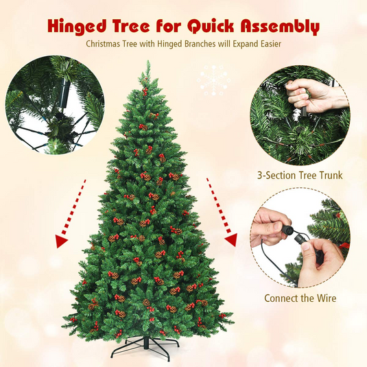 Goplus 7.5FT Pre-Lit Christmas Tree with 550 LED Lights, Hinged Artificial Christmas Tree with 1526 Branch Tips - GoplusUS