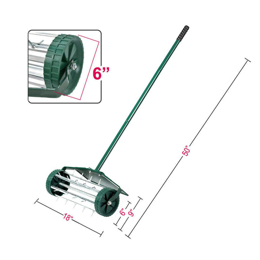 Lawn Aerator 18-inch Garden Yard Rotary Push Tine Heavy Duty Spike Soil Aeration, 40.5-in Handle (Green w/Fender) - GoplusUS
